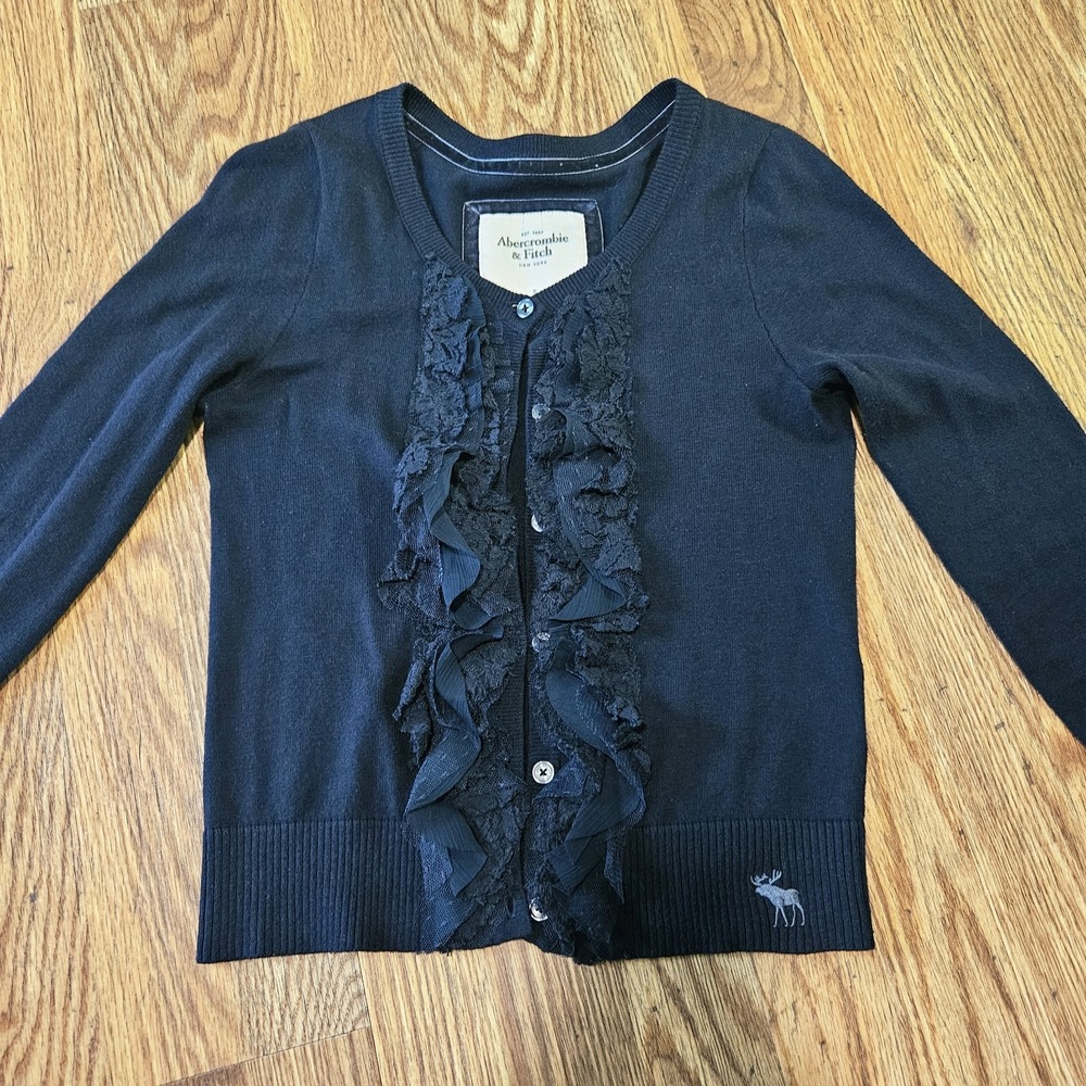 Y2K Abercrombie & Fitch S Women Navy Lace Chiffon Ruffle Cardigan Sweater Ribbed - Picture 2 of 11